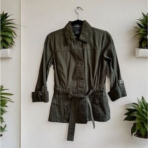 French Cuff Womens Size‎ S Cotton Moss Sage Belted Roll Tab Sleeve Cargo Jacket
